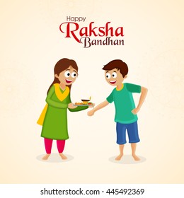 Cute Brother and Sister enjoying and celebrating on occasion of Raksha Bandhan, Elegant Greeting Card design for Indian Traditional Festival celebration.