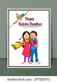 Cute Bruder und Schwester umarmten sich nach dem Raksha Bandhan Festival und der Illustration eines schönen Rakhi auf glänzendem Hintergrund.