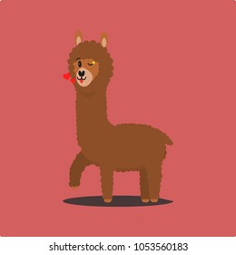 cute brown alpaca blinked on pink background, Vector illustration.