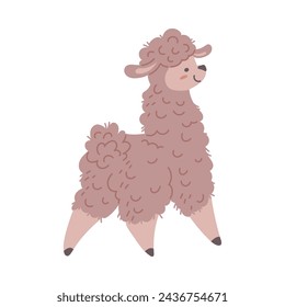 Cute brown alpaca view from the back. Fluffy farm animal on a white background, perfect for nursery decor or a children's book. Vector flat illustration.