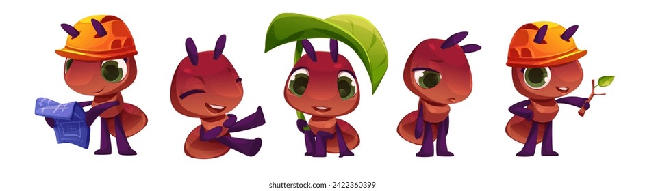 Cute brown ant cartoon character in different poses. Vector set of funny childish insect mascot work and rest. Small ant in helmet stand with blueprints of house and plant branch, laughing and sad.