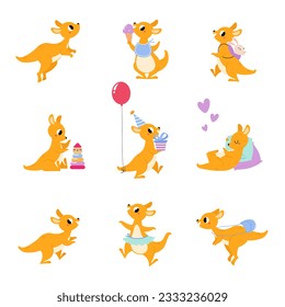 Cute Brown Baby Kangaroo Marsupial Character Sleeping and Playing Toys Vector Set