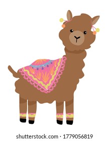 Cute brown baby llama alpaca hand with yellow green orange blue purple cloth and pom pom drawn vector children illustration element isolated on a white background