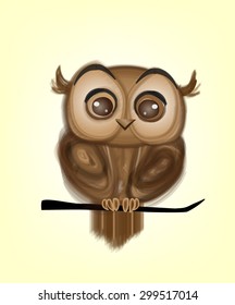 Cute brown baby owl character with big sad eyes. High quality vector illustration.