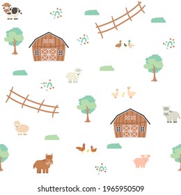 Cute brown barn, green trees, fence, farm cartoon animals seamless pattern on white background. Vector illustration in flat style. Sheep, ram, cow, chicken, rooster, goat, pig, horse, goose, duck