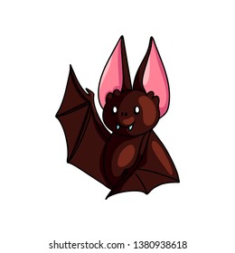 Cute brown bat say hello with wing up, shiny eyes