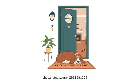 Cute brown beagle dog sleeping peacefully on a welcome home doormat in front of an open front door with fireplace visible.