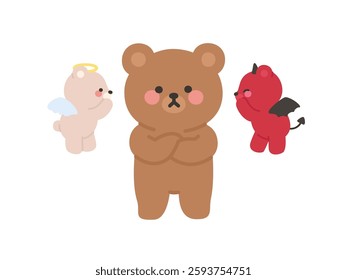 Cute Brown Bear with Angel and Devil Conscience in Cartoon Style Vector Illustration