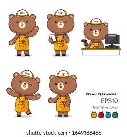 Cute brown bear assistant in apron, Kawaii cartoon mascot in many pose for vector illustration