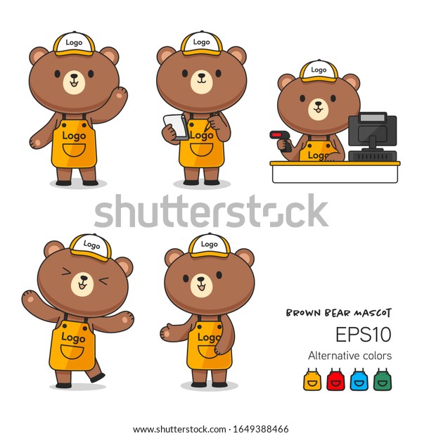 エプロンにかわいい茶色の熊のアシスタント ベクターイラストのポーズが多いかわいいアニメのマスコット のベクター画像素材 ロイヤリティフリー