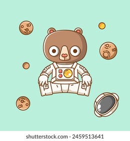 Cute brown bear astronaut animal kawaii chibi character mascot illustration outline style design set