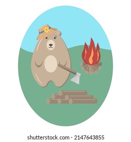 Cute brown bear with an axe on a hike. vector illustration