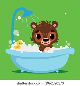 Cute brown bear baby bathes in the bath. Vector print for children. Cartoon character of children animals. Cleanliness in the bathroom art fun