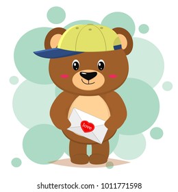 Cute brown bear in a baseball cap, stands and holds a paw with a heart, in a cartoon style. Valentine's Day. Vector, flat design.