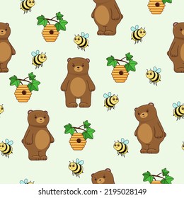 Cute brown bear with bees and a beehive. Children's vector graphics, seamless pattern	