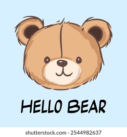 A cute brown bear with big ears smiles at the camera, with the words hello bear written below it