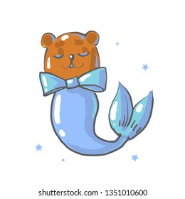 Cute brown bear with bow and mermaid tail isolated on white