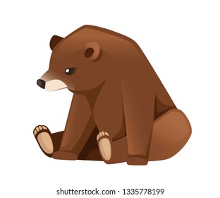 Cute Brown bear. Carnivoran mammals, family Ursidae. Cartoon animal design. Flat vector illustration isolated on white background. Forest inhabitant. Wild animal with brown fur.