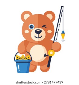 A cute brown bear cartoon character holding a fishing rod and bucket of fish smiling
