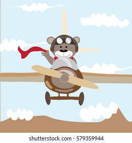 Cute brown bear cartoon fly high in the sky with blue background cloud and mountain. Nice shirt design for kid. 