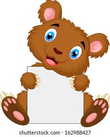 Cute Brown Bear Cartoon Holding Blank Sign