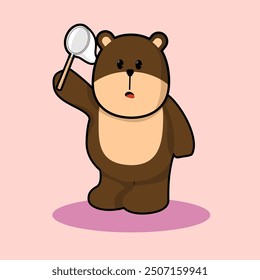 Cute brown bear cartoon illustration Holding a hunting net