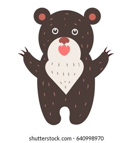 Cute brown bear cartoon sticker or icon. Funny gnarling bear standing on its hind legs isolated flat vector. Wild grizzly illustration outlined with dotted line for game counters, price tags