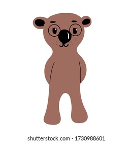 Cute brown bear in cartoon style.Teddy in round glasses stands with his hands behind his back. character for the design of posters, t-shirts, children's items, toys. Isolated on a white background.