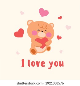 Cute brown bear. Cartoon teddy bear in love. Vector sticker. I love you bear postcard
