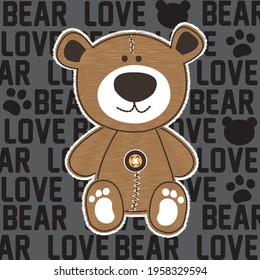 Cute brown bear cartoon vector illustration. T-shirt graphics design, wall decoration.