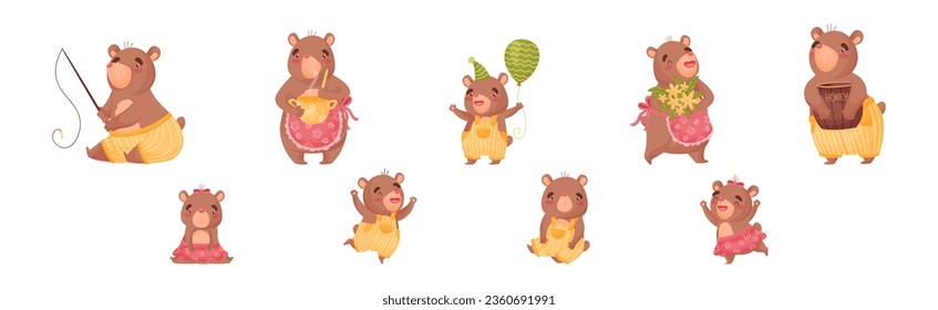 Cute Brown Bear Character Engaged in Different Activity Vector Set