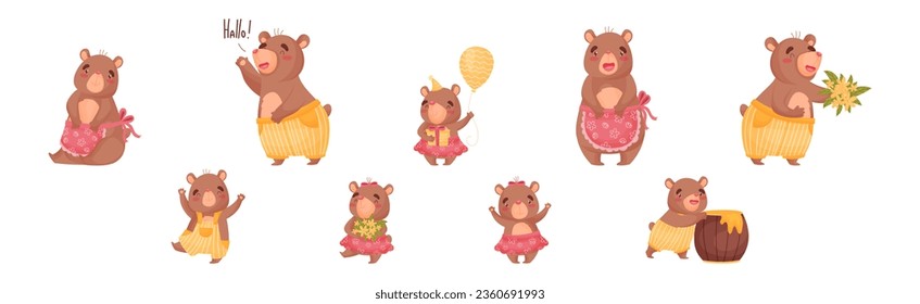 Cute Brown Bear Character Engaged in Different Activity Vector Set