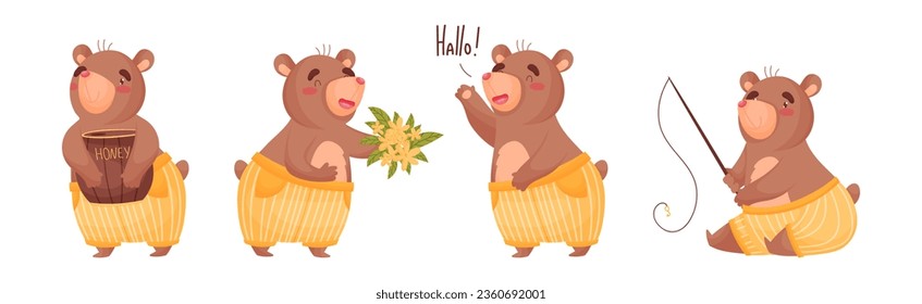 Cute Brown Bear Character Engaged in Different Activity Vector Set