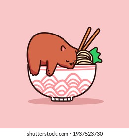 Cute Brown Bear Character Sleep on a bowl of ramen illustration