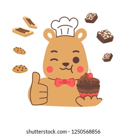 Cute Brown Bear Chef cooking Chocolate Brownies for LOGO, delicious sweets and desserts, flat design vector isolated white background.