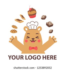 Cute Brown Bear Chef cooking Chocolate Brownies for LOGO, delicious sweets and desserts, flat design vector isolated white background.