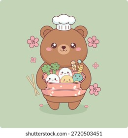 Chef de oso marrón lindo que sostiene una caja de bento con bolas de arroz sonrientes y brócoli, ilustración animal kawaii.