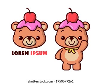 CUTE BROWN BEAR WITH A CHERRY AND CREAM ON HIS HEAD CARTOON LOGO.