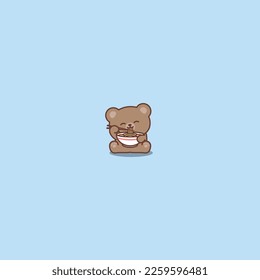 Cute brown bear with coffee waving paw cartoon, vector illustration