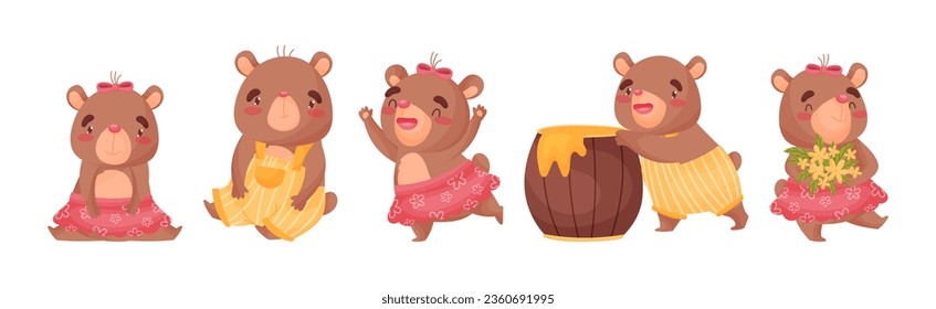 Cute Brown Bear Cub Character Engaged in Different Activity Vector Set