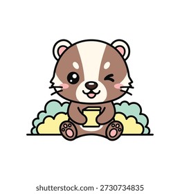 Cute brown bear cub sitting on clouds holding a yellow pot cartoon bear