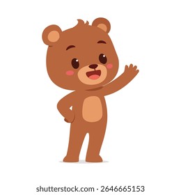 Filhote de urso pardo bonito de pé e acenando com a ilustração vetor de desenhos animados de expressão feliz