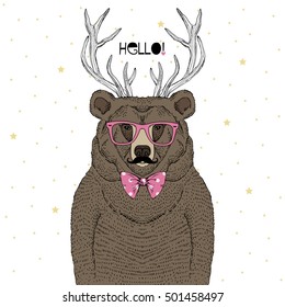 cute brown bear with deer horns, hand drawn graphic, animal illustration