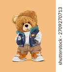 cute brown bear doll in colorful fashion style vector illustration