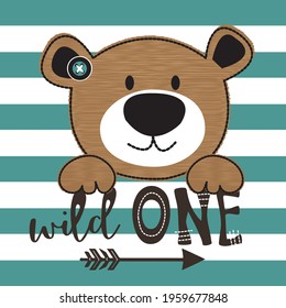 Cute brown bear face with hand drawn wild one lettering on striped background vector illustration. T-shirt graphics design for boys, baby wall room decor.