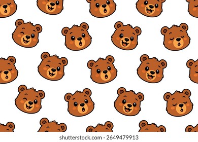Cute brown bear faces with various happy expressions create an adorable seamless pattern. Perfect for children's designs and animal themes.