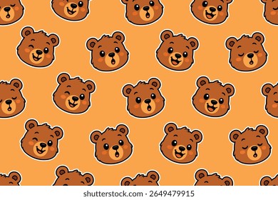 Cute brown bear faces with various happy expressions on a warm orange background create an adorable seamless pattern. Perfect for children's designs.