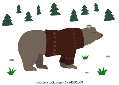 Cute brown bear in a forest. Vector illustration. Red sweater.