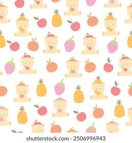 cute brown bear with fruit seamless pattern