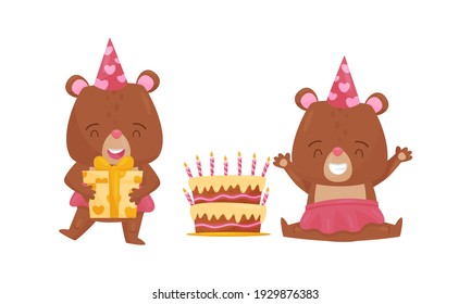 Cute Brown Bear Girl in Birthday Hat Holding Gift Box and Sitting Near Cake with Candles Vector Set